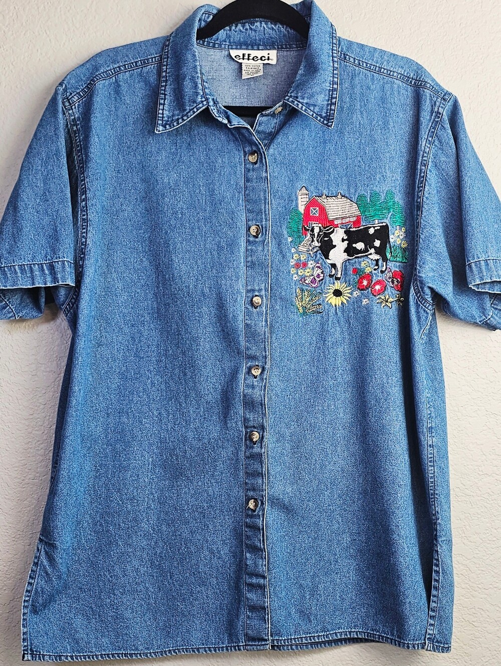 Effeci XL Embroidered Farm Cow Denim Button Front Shirt Western Cottagecore
